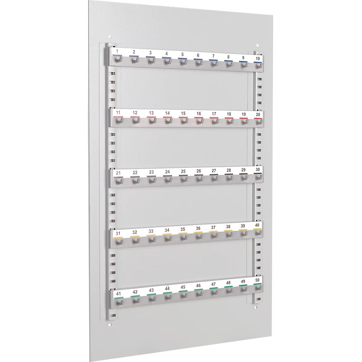 Gray key wall with 50 numbered hooks. 10 key hooks are arranged on each row, labeled from 1 to 50.
