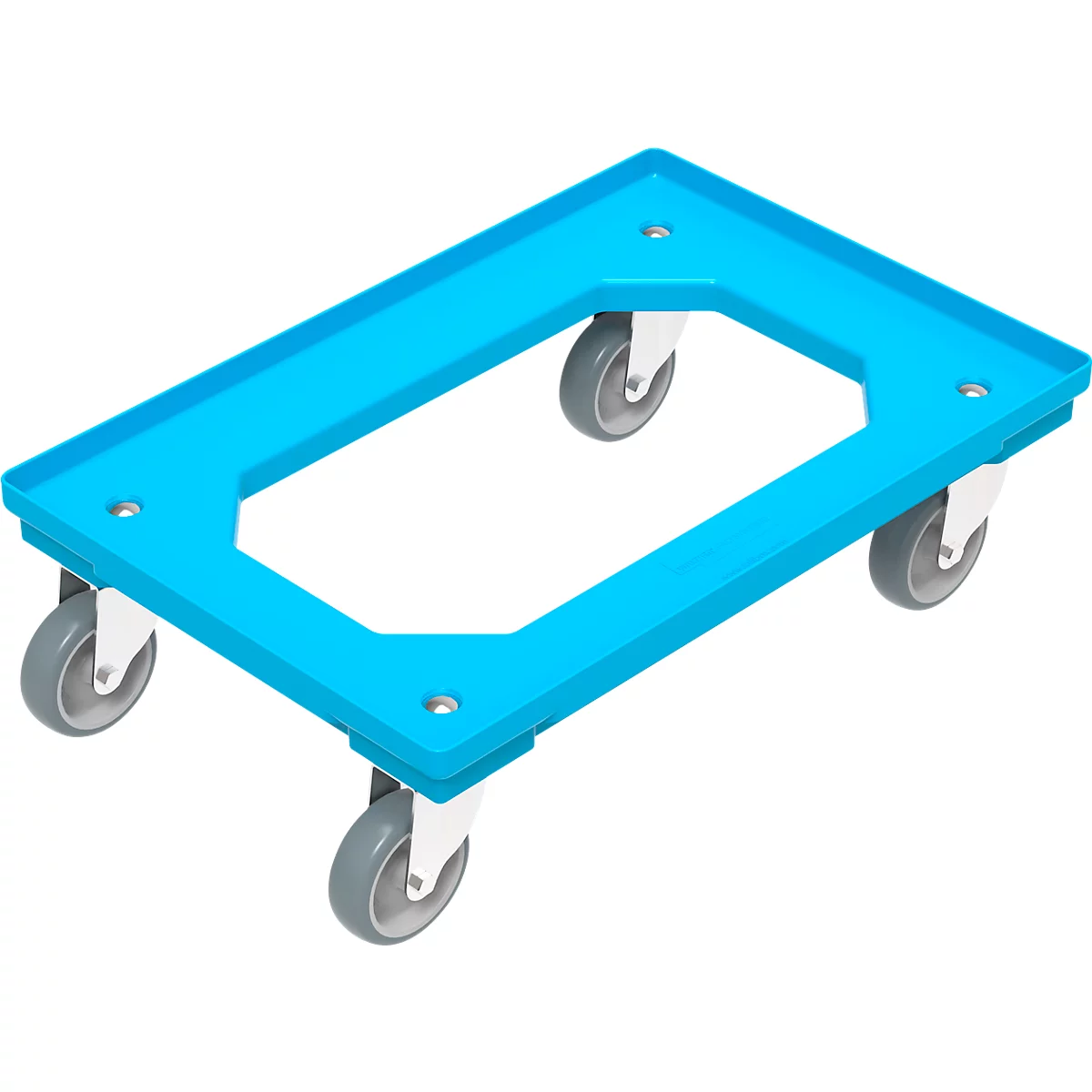 A light blue dolly with a rectangular frame and four grey wheels against a white background.