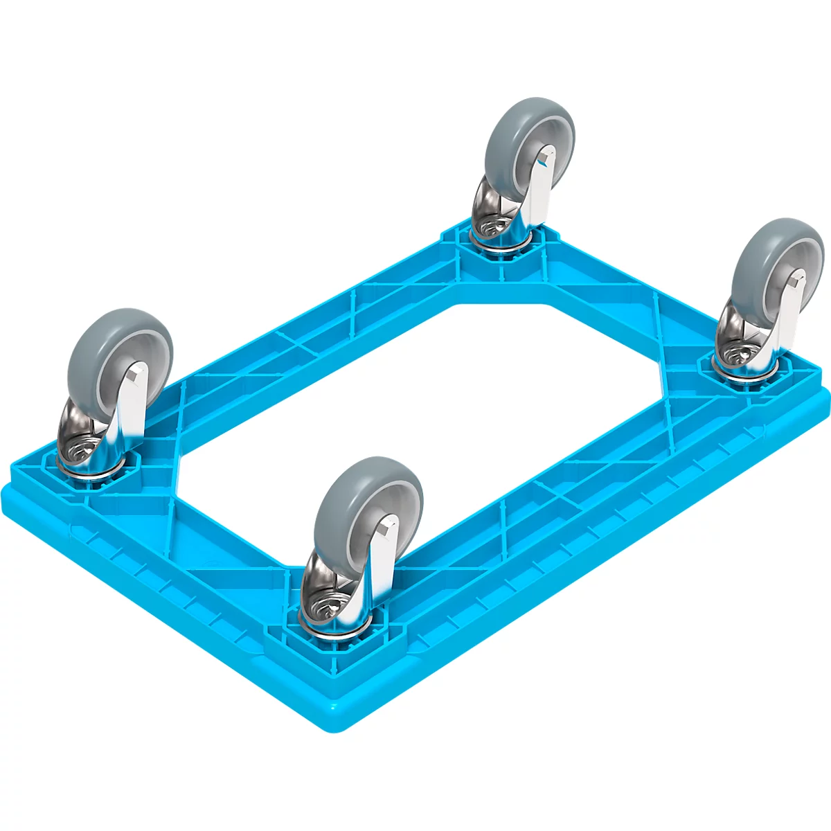 Blue plastic dolly with four grey swivel casters on a white background.