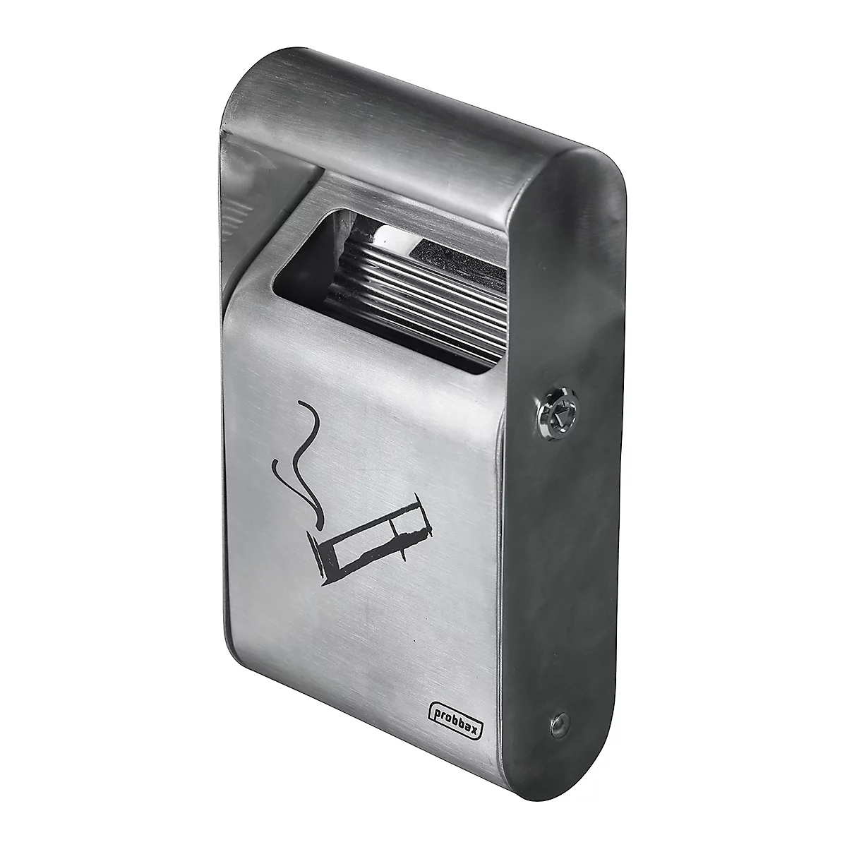Metall-Aschenbecher mit Zigarettensymbol und Logo.