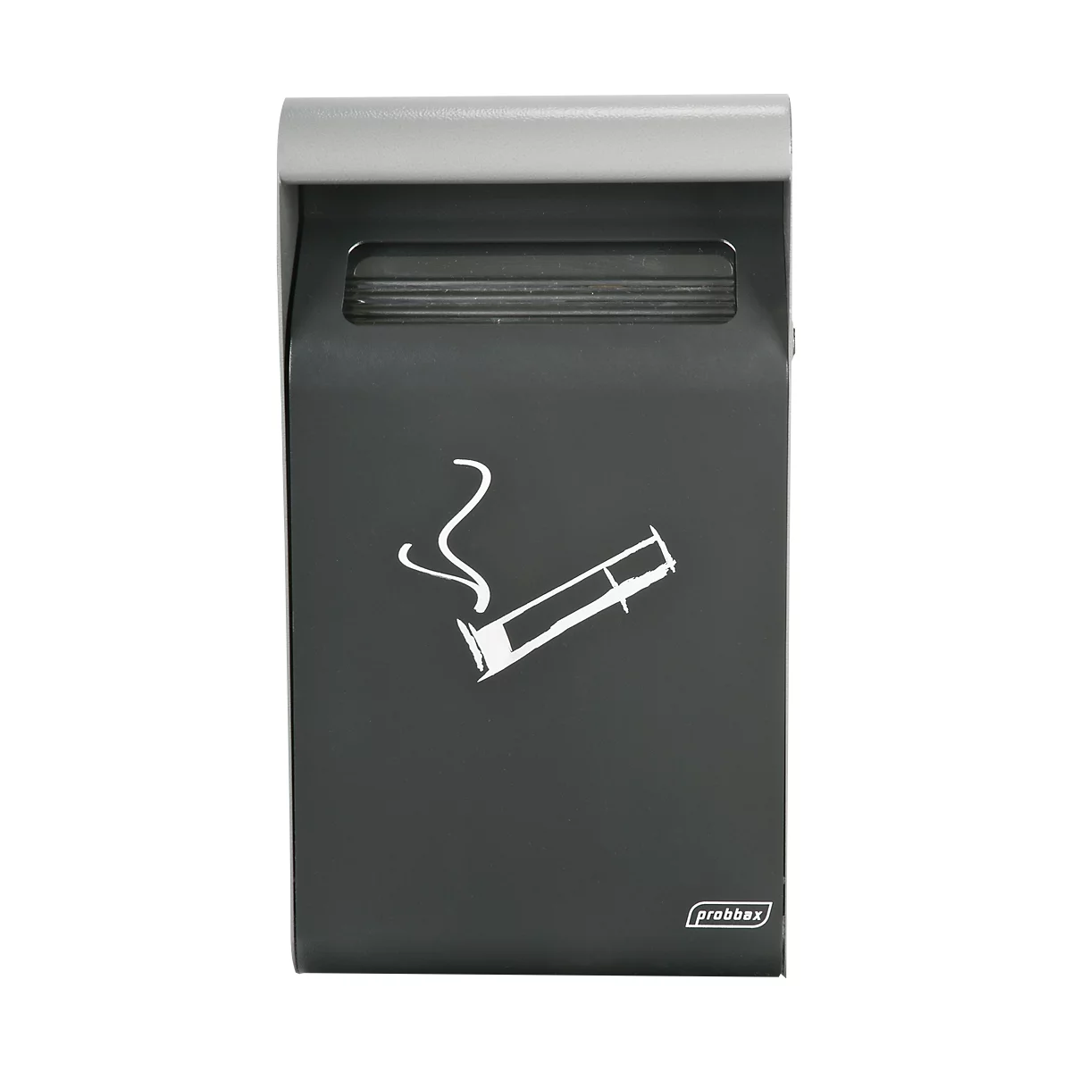 Schwarzer Wandaschenbecher mit weißem Zigarettensymbol. Oben und unten mit metallischem Rand.