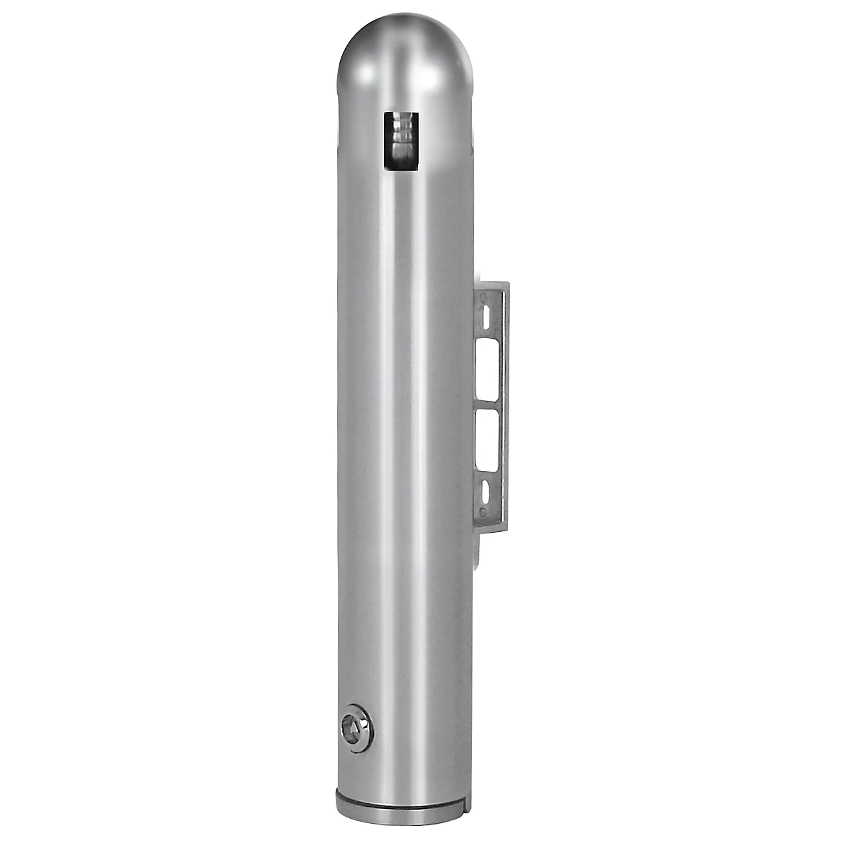Zylindrischer Metallpfosten mit abgerundeter Oberseite, Halterung und kleinem, rundem Element an der Unterseite.