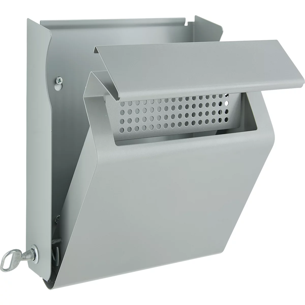 Grauer, wandmontierter Metall-Briefkasten mit klappbarem Fach und Schlüssel.