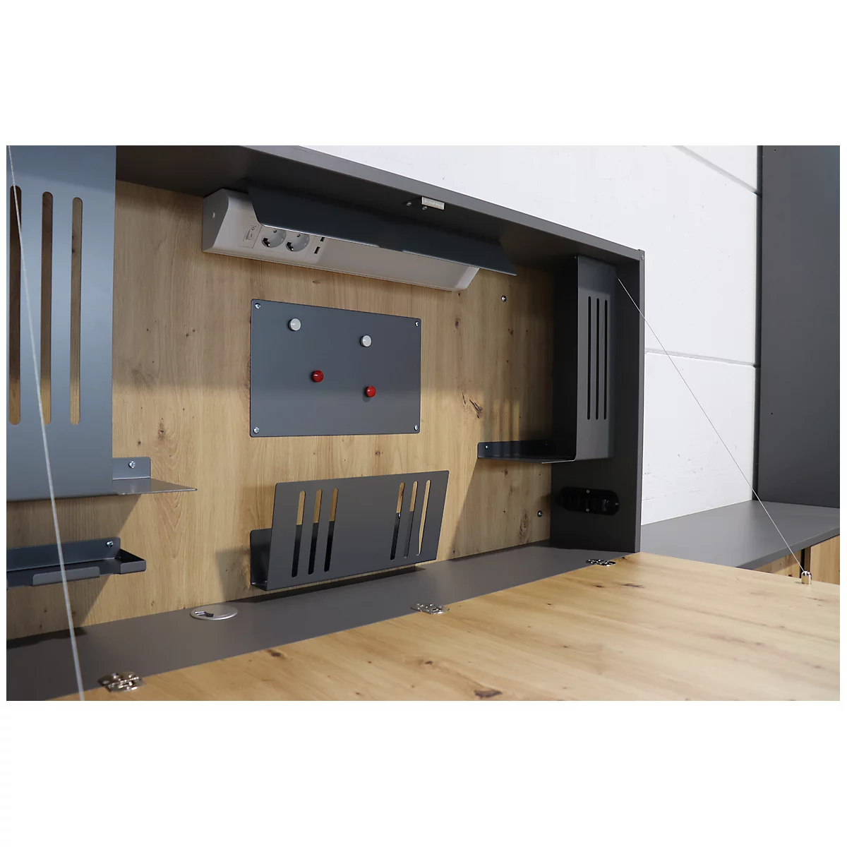 Wandbureau, B 1200 x D 260 x H 650 mm, grafietgrijs/notty eiken