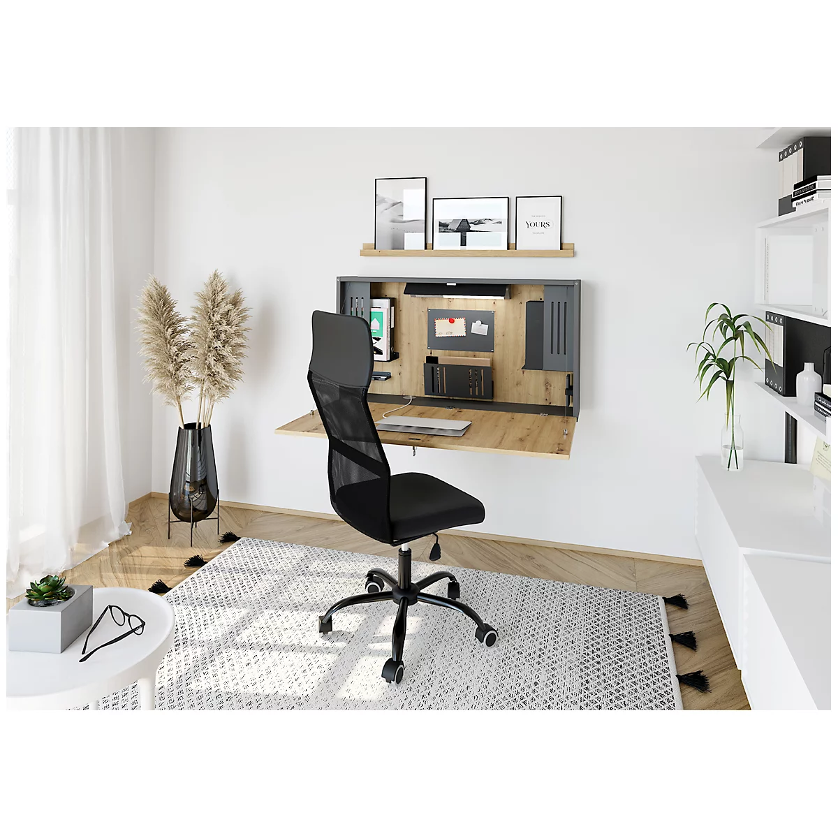 Wandbureau, B 1200 x D 260 x H 650 mm, grafietgrijs/notty eiken