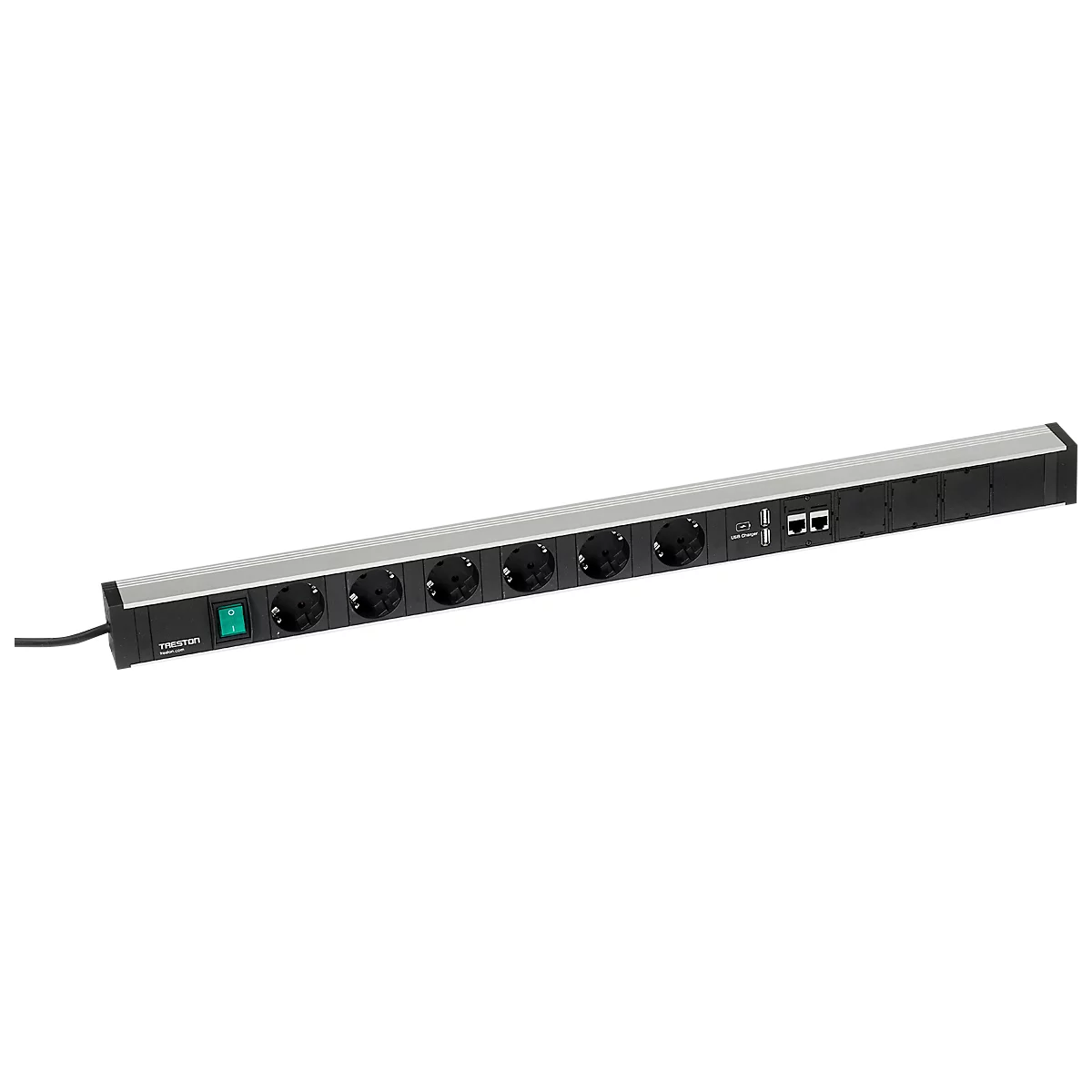 Wandcontactdoos 836/3, 6-voudig, 2 x CAT6A, 2 x USB A, aan/uit schakelaar, 4,5 m lange kabel, 16 A/250 V, B 836 x D 42 x H 52 mm, aluminium