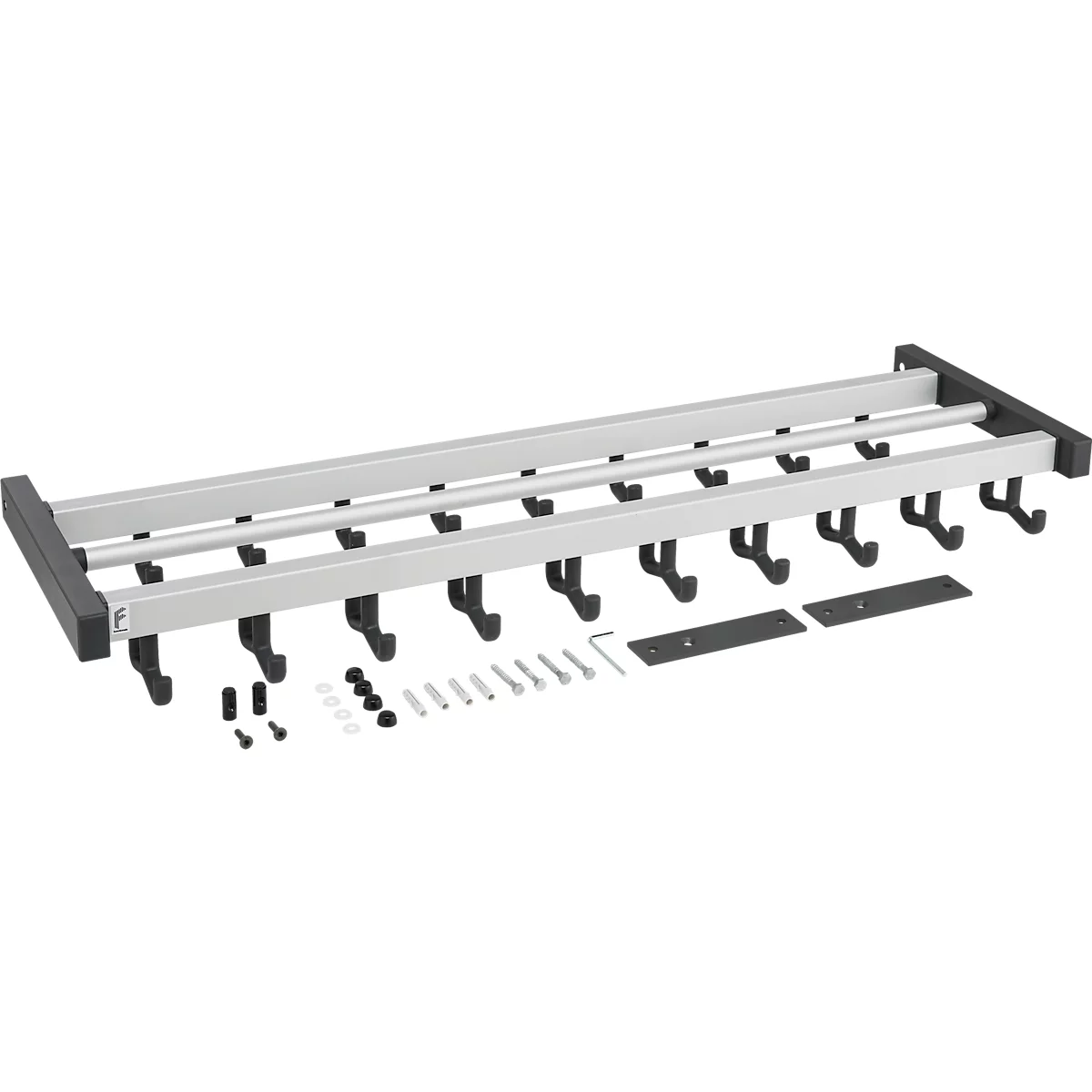 Garderobenleiste mit Haken und Zubehör, silber-schwarz. Werkzeug zum Anbringen.