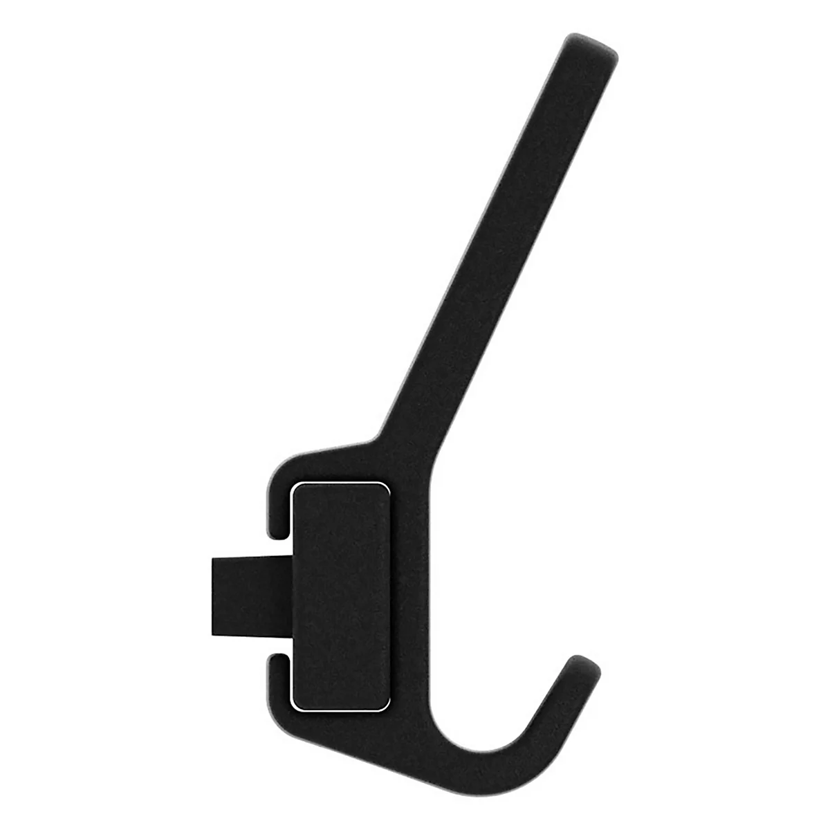 Schwarzer Wandhaken mit Haken und Halterung, vor weißem Hintergrund. Der Haken hat eine kantige Form.