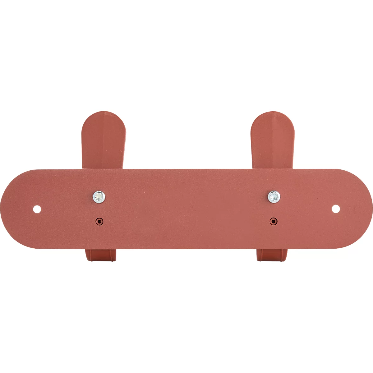 Rostfarbener Wandhaken aus Metall. Zwei längliche Haken, abgerundete Form. Sichtbare Schrauben und Löcher.