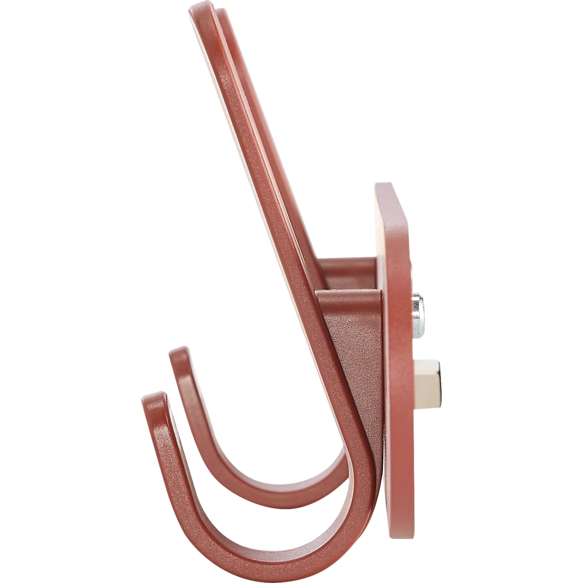 Ein rotbrauner Wandhaken, Seitenansicht. Er hat eine viereckige Montageplatte und zwei Haken.