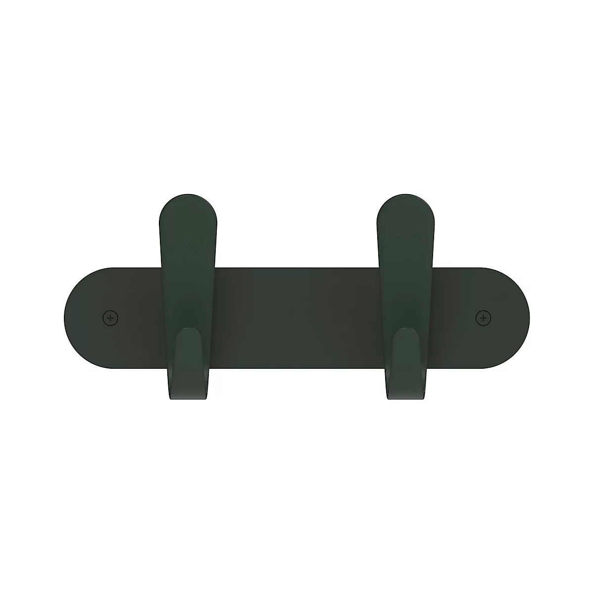 Dunkelgrüner Haken vor weißem Hintergrund.