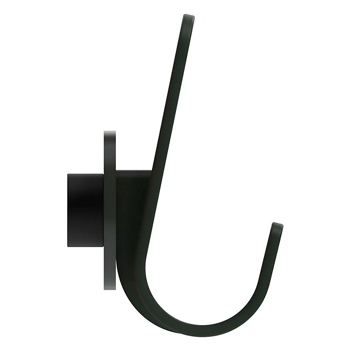 Schwarzer Haken an der Wand. Der Haken ist gebogen und hat eine zylindrische Halterung.