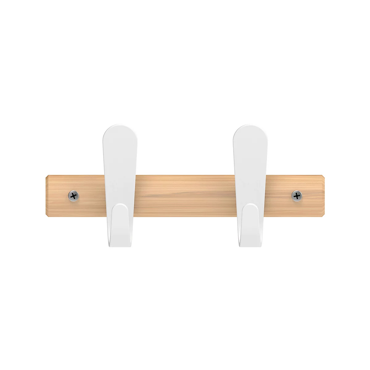 Holzgaderobe mit zwei weissen Haken vor weissem Hintergrund.