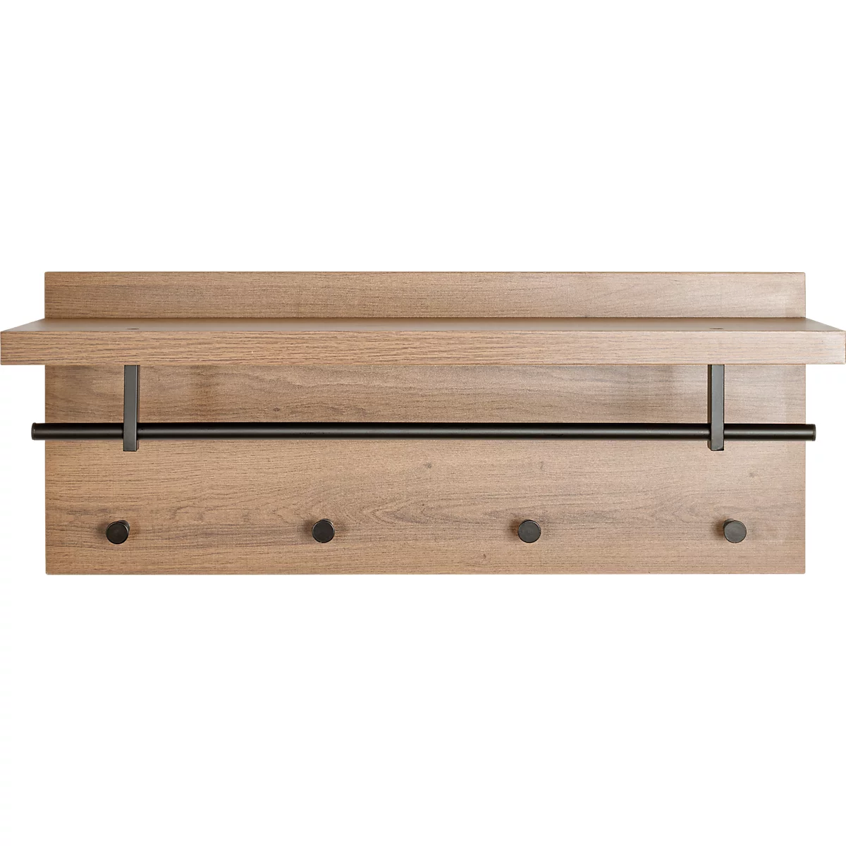Hölzerne Wandgarderobe mit Ablage, schwarzer Stange und vier Haken.