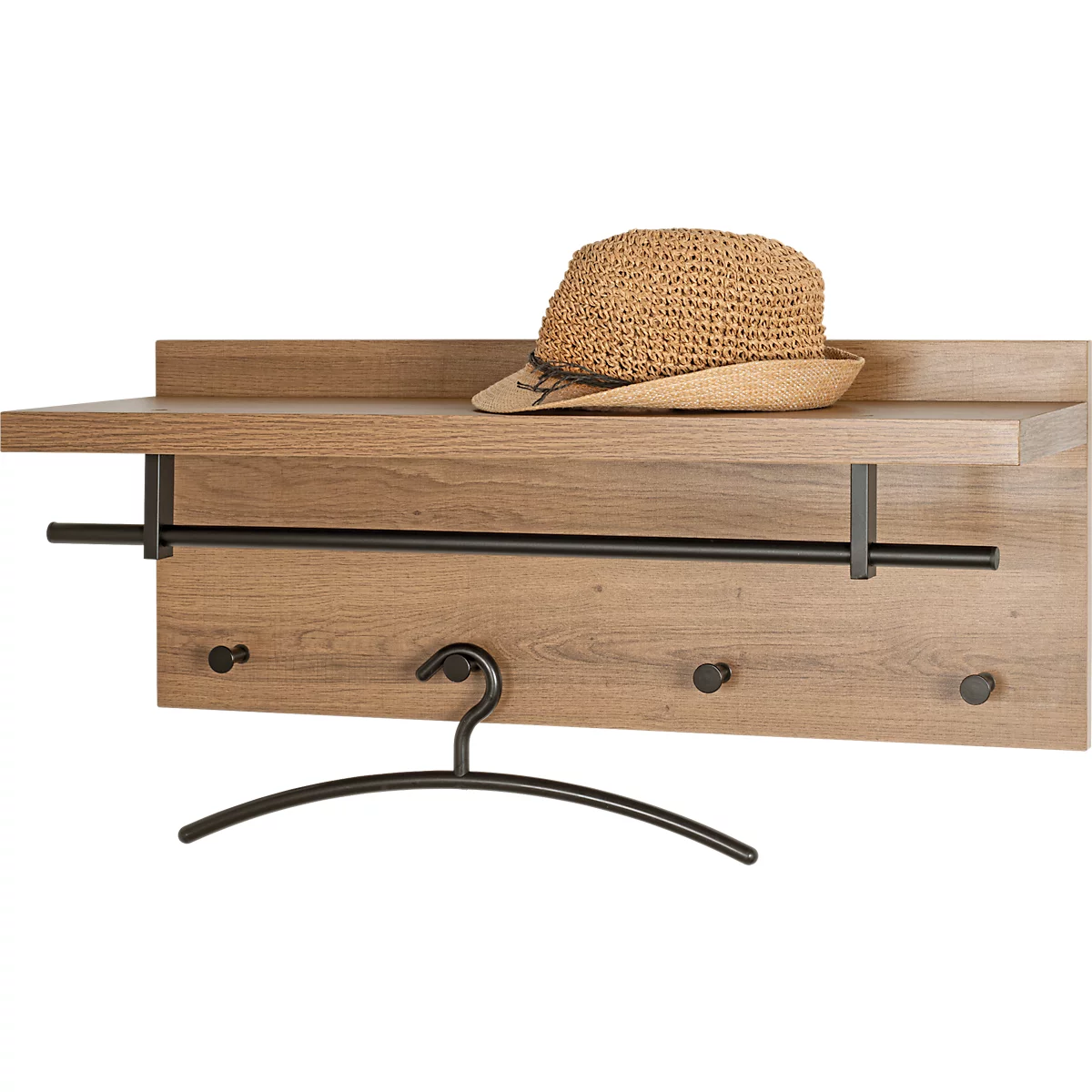 Wandgarderobe mit Hutablage, Kleiderstange, Haken und einem Strohhut.