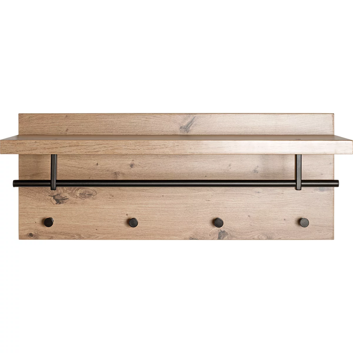 Wandgarderobe aus hellem Holz mit schwarzer Kleiderstange, Haken und Ablage.