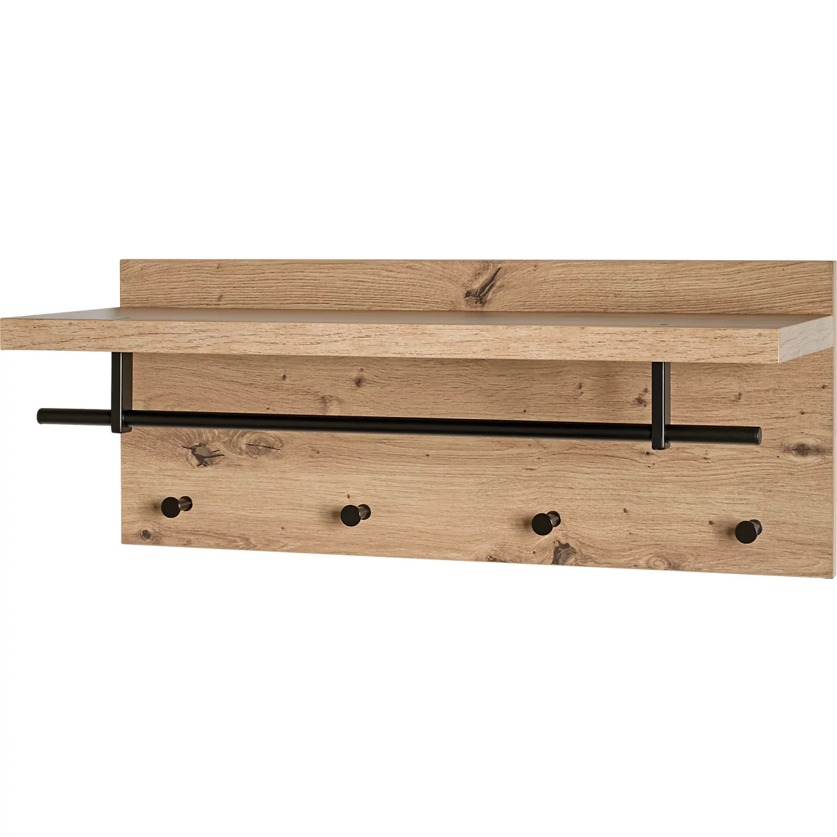 Wandgarderobe aus Holz. Mit Ablage, Kleiderstange und Haken. Brauntöne, modernes Design.