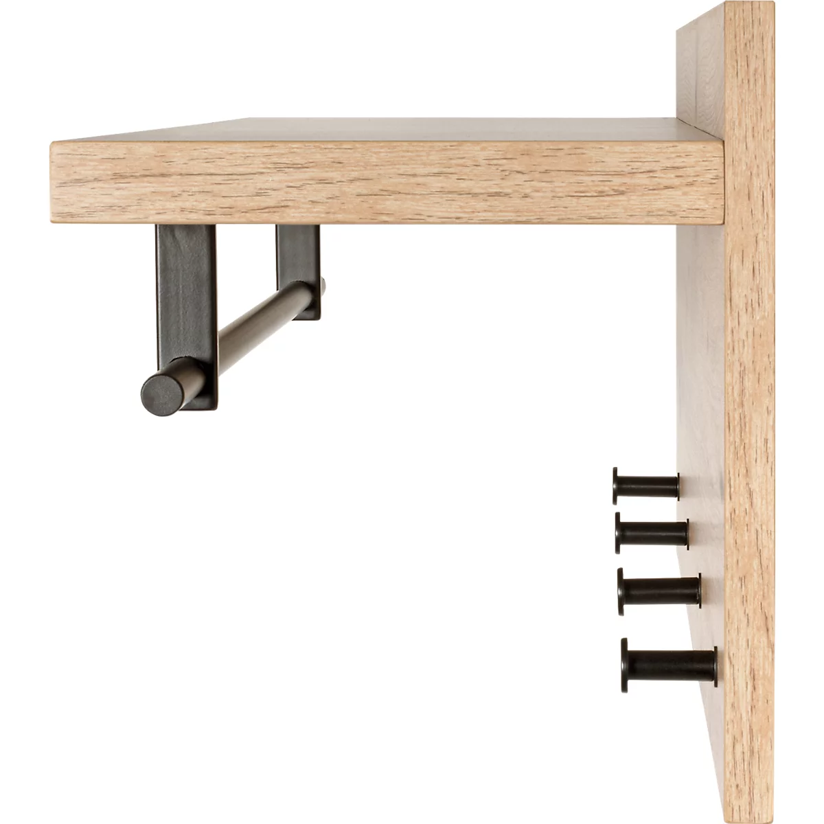 Wandregal mit Holzablage, metallenem Kleiderbügel und schwarzen Schrauben.