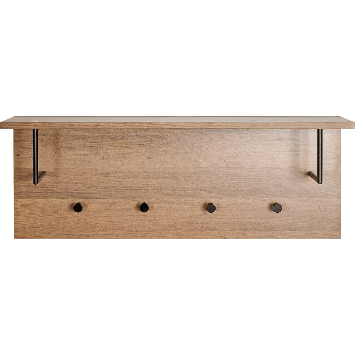 Hölzerne Wandgarderobe mit vier schwarzen Haken und zwei schwarzen Halterungen.