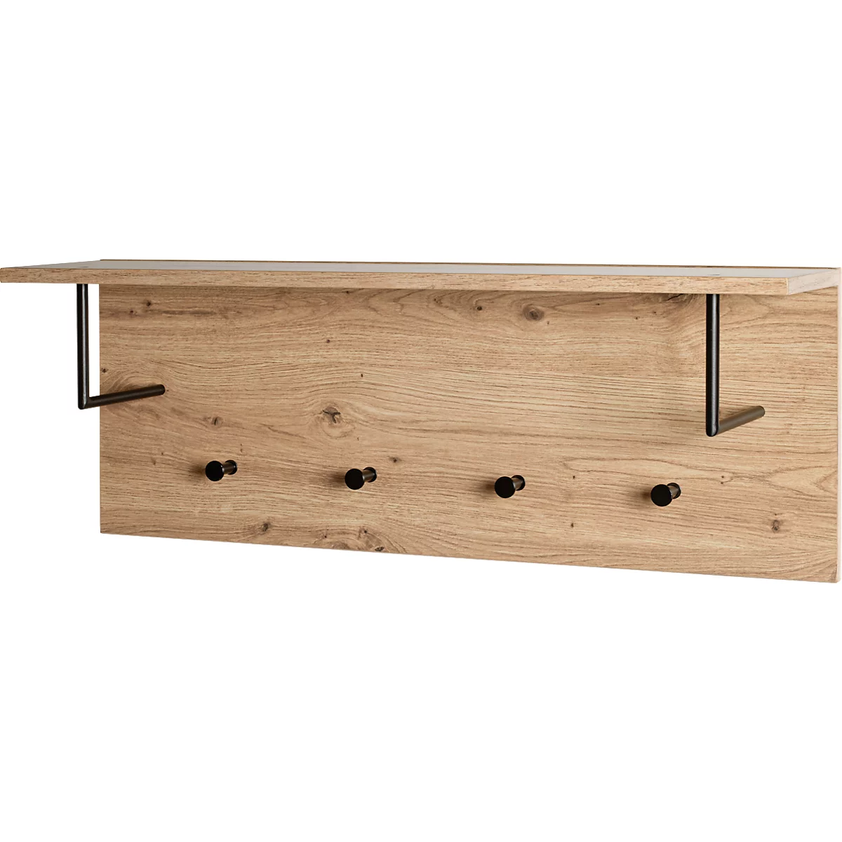 Wandgarderobe aus Holz mit Ablage und schwarzen Haken.