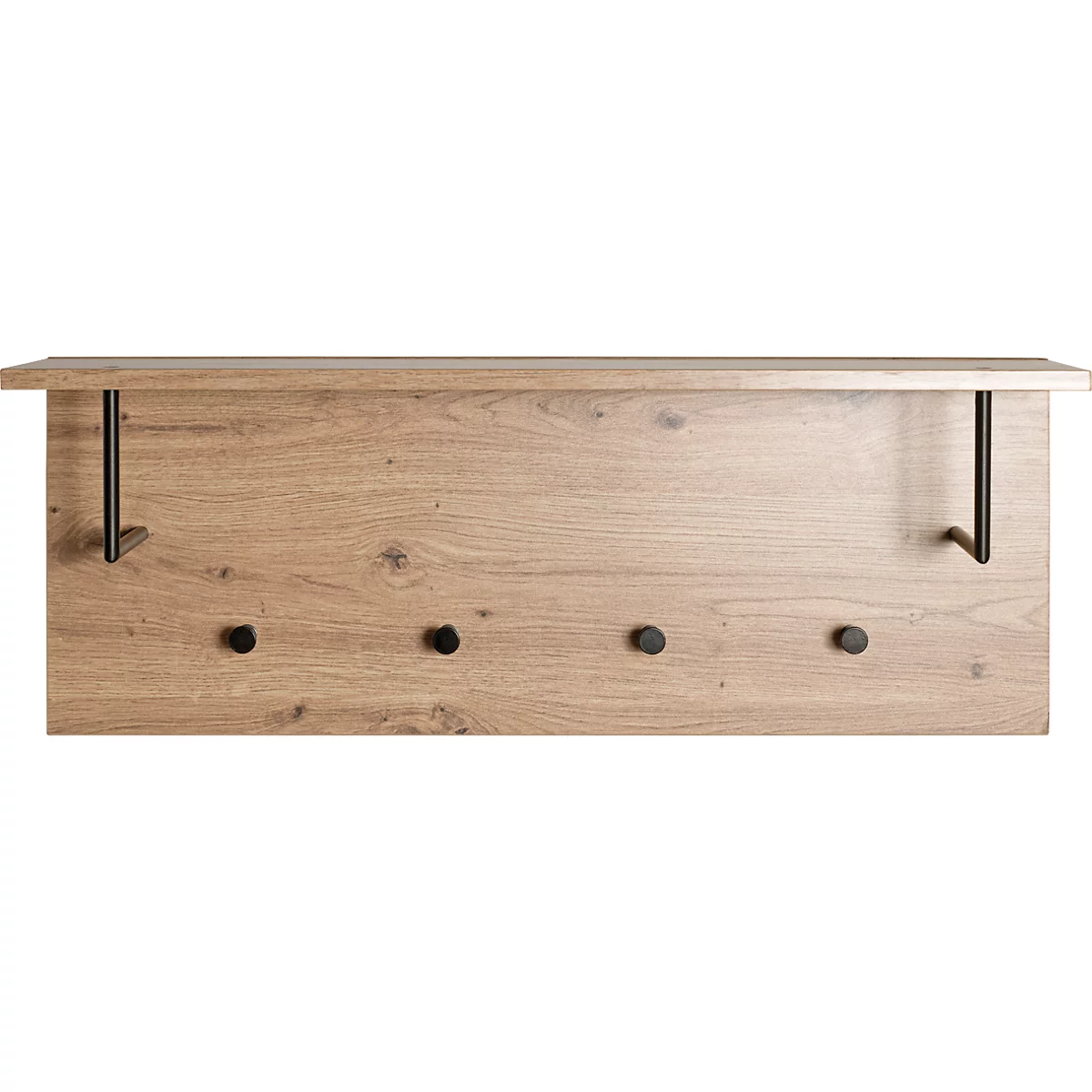 Wandregal aus Holz mit vier schwarzen Knöpfen und zwei Metallstützen.