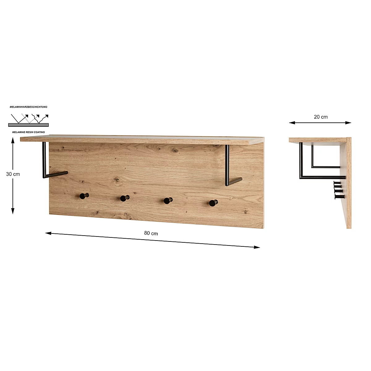 Holzgarderobe mit Metallhaken und Ablage. Maße: 80 cm breit, 30 cm hoch und 20 cm tief.