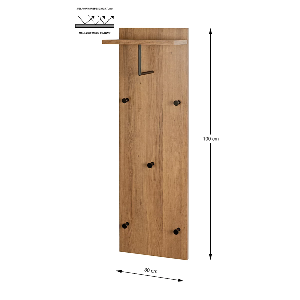 Holzgaderobe mit schwarzen Haken und Regal. Die Gaderobe ist 100 cm hoch und 30 cm breit.