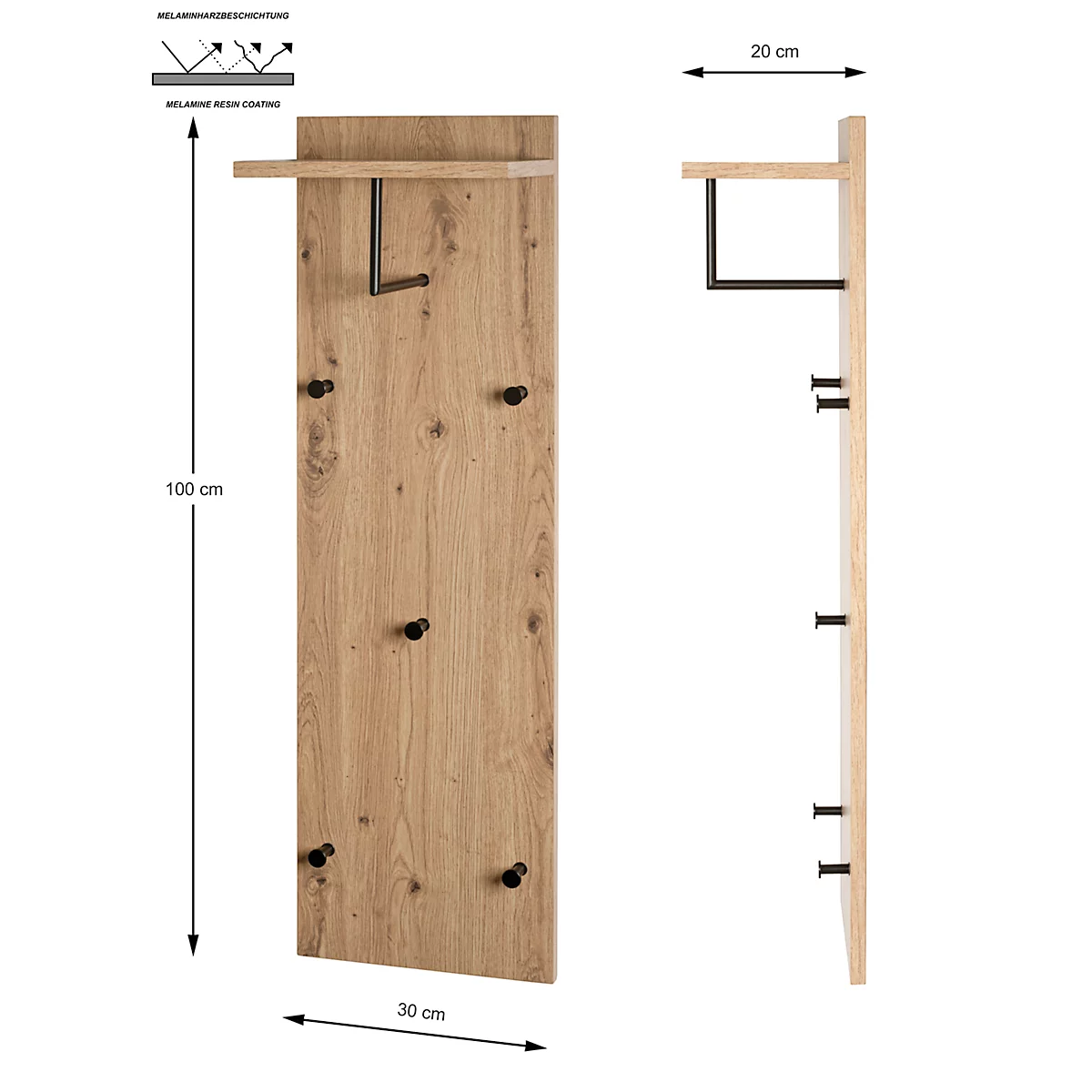 Garderobenpaneel aus Holz mit Haken und Ablage. 100x30cm und 20cm Ablage. Melaminharzbeschichtung.