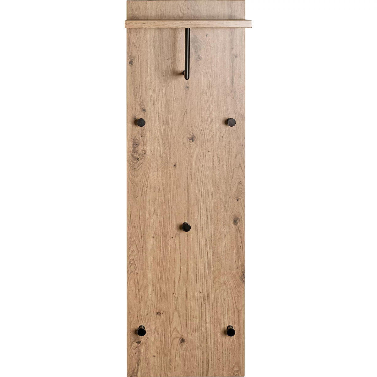 Vertikale Holztafel mit Haken und Ablage; dunkle Holzmaserung, Knäufe, schwarzer Haken.