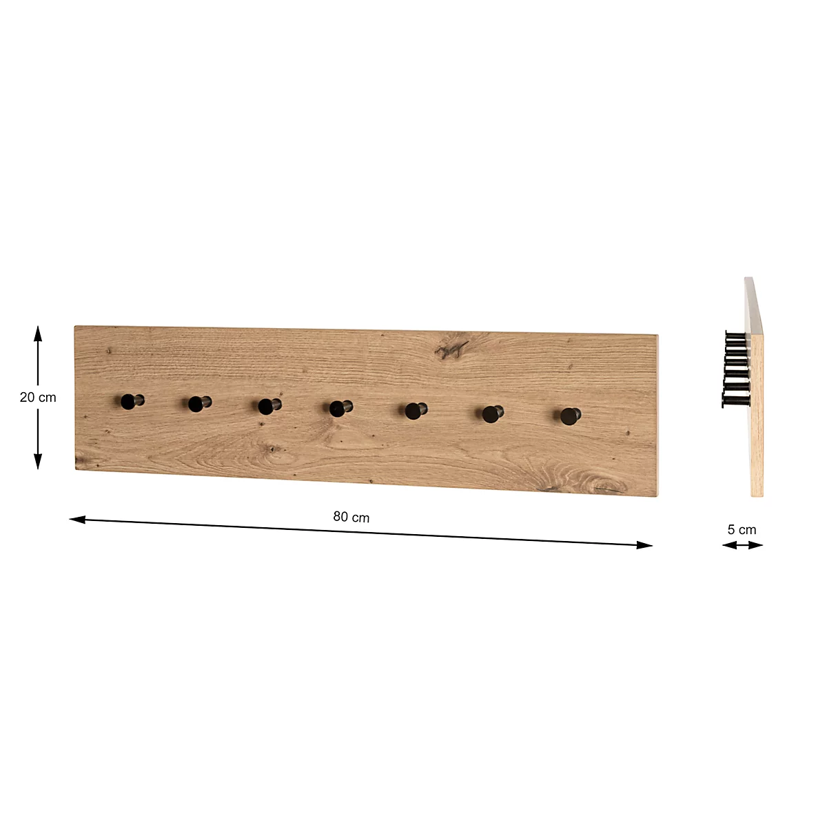 Holz-Wandgarderobe mit sechs Knöpfen, Maßangaben 80x20x5 cm. Braune Holzoptik, schwarze Knöpfe und Seitenansicht.