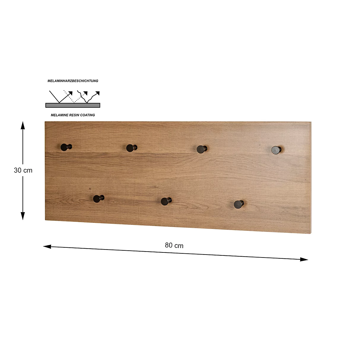 Holz-Wandpaneel mit 8 schwarzen Haken. Maße: 30 x 80 cm. Oben links, Diagramm mit Aufschrift „Melaminharzbeschichtung“.