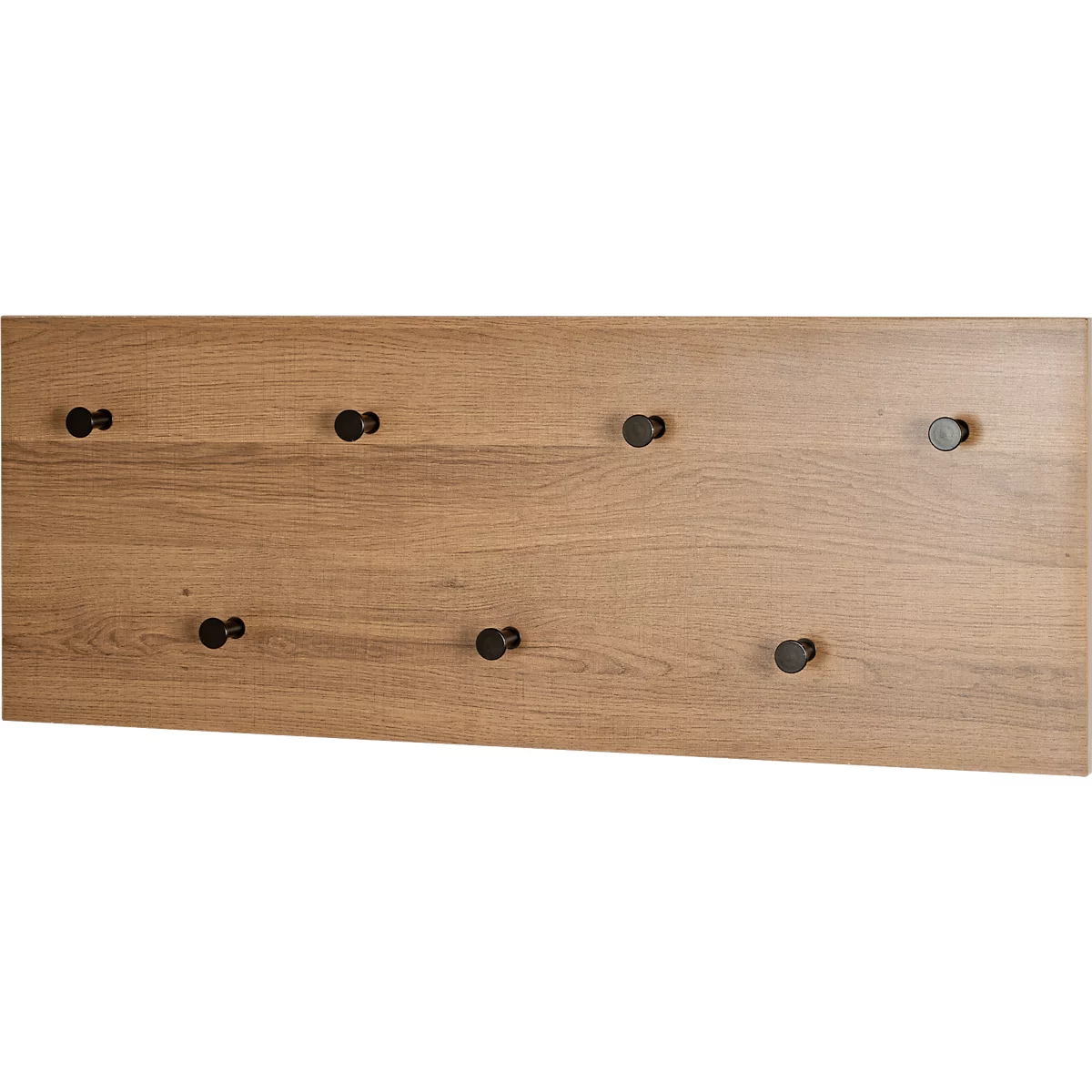 Holz Garderobenpaneel mit acht schwarzen Knöpfen.