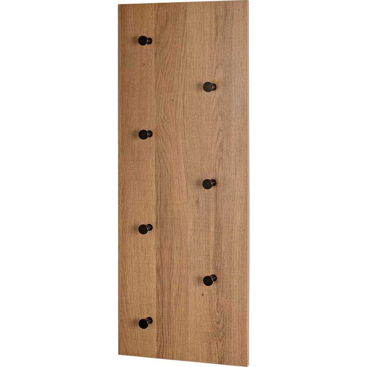 Ein Holzbrett mit 8 schwarzen Knöpfen, die in unregelmäßigen Abständen angebracht sind.