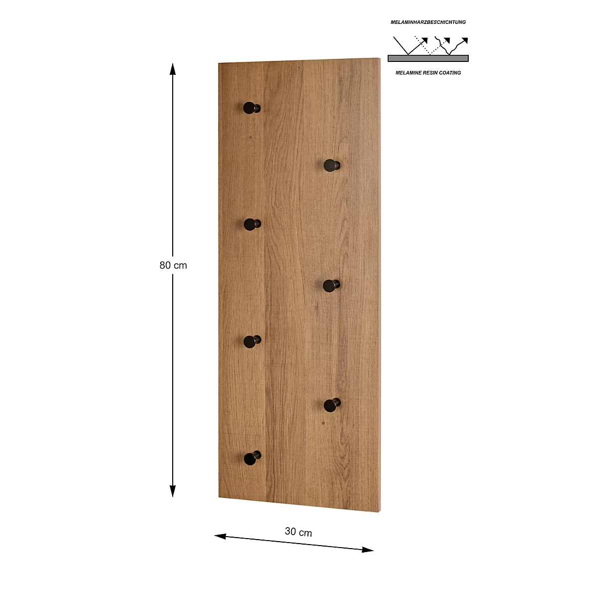 Holzgarderobe mit acht schwarzen Haken. Maße: 80 x 30 cm. Auf der rechten oberen Ecke ein Diagramm zur Melaminharzbeschichtung.