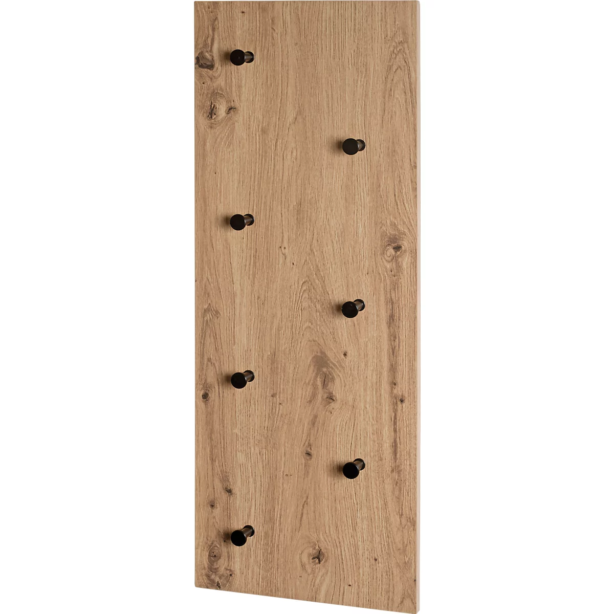 Holztafel mit schwarzen Knöpfen. Die Holzstruktur ist deutlich zu sehen.