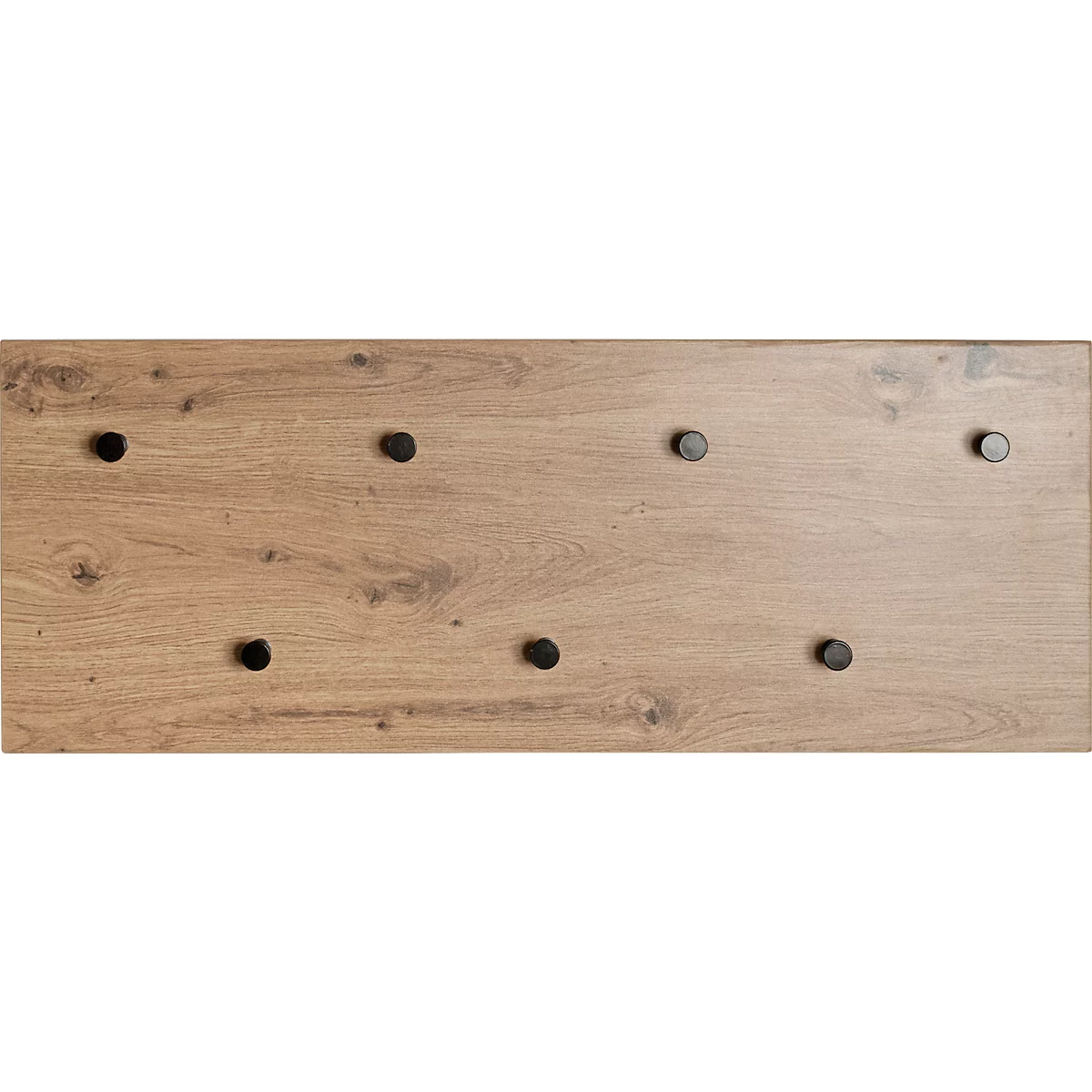 Nahaufnahme einer Holzplatte mit acht schwarzen Knöpfen.