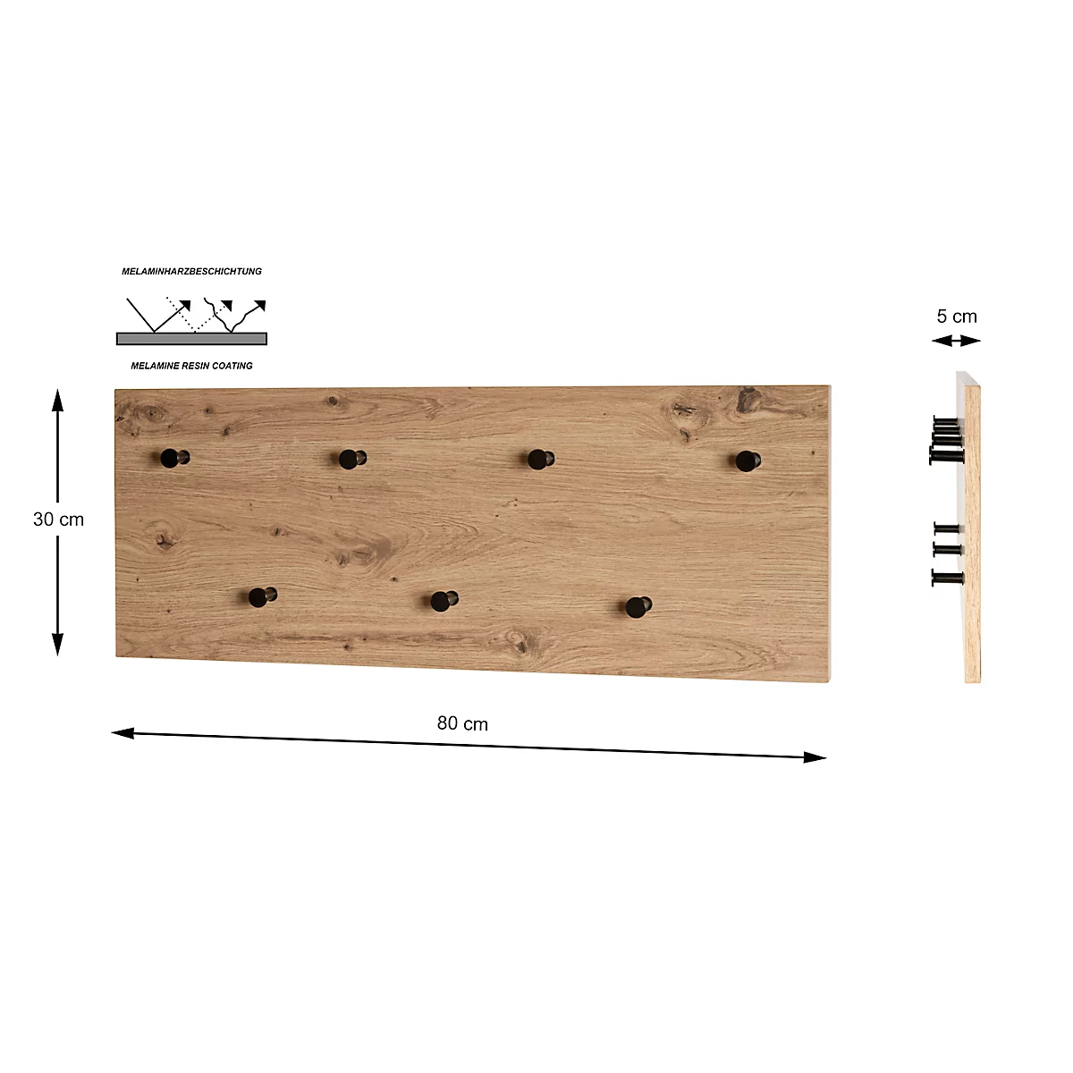 Holz Wandgarderobe mit 8 schwarzen Haken, daneben Seitenansicht mit Abmessungen.