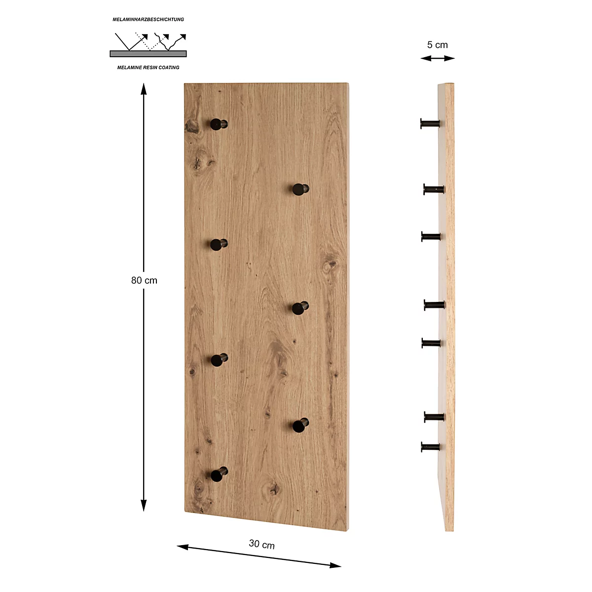 Hölzerne Wandgarderobe mit acht schwarzen Knöpfen, Größenangaben.