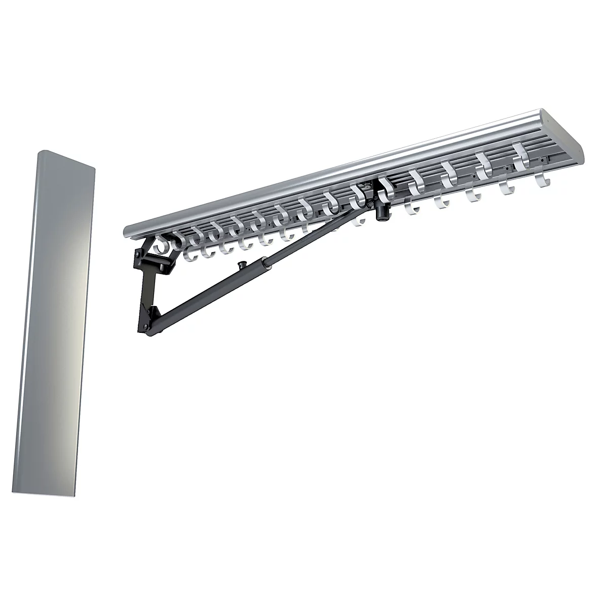 Ein schwenkbarer Kleiderstangen-Halter aus Metall, daneben eine Metallsäule, beide auf weißem Hintergrund.