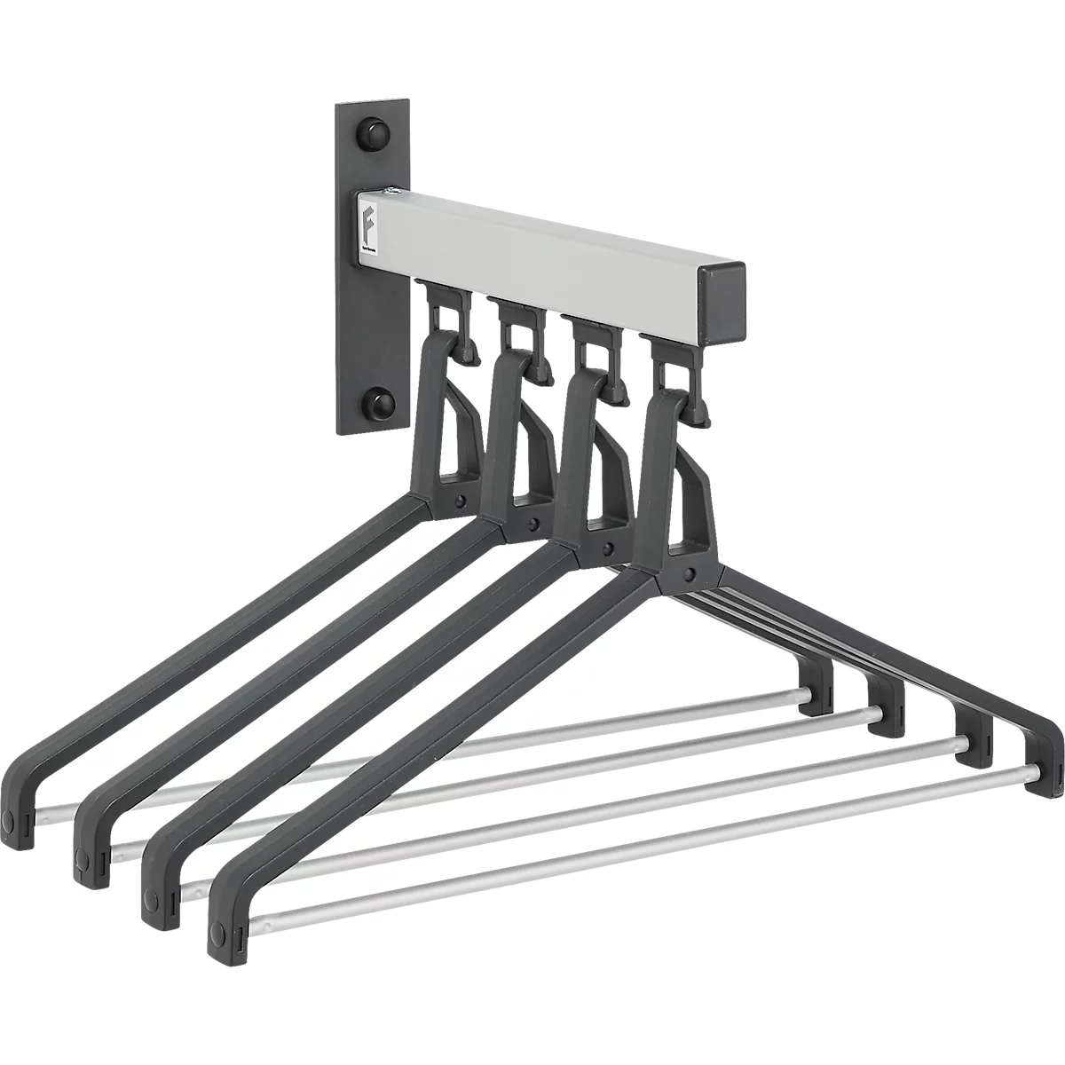 Wandgarderobe mit fünf ausziehbaren Kleiderbügeln. Schwarze Halterung, silberne Stangen.