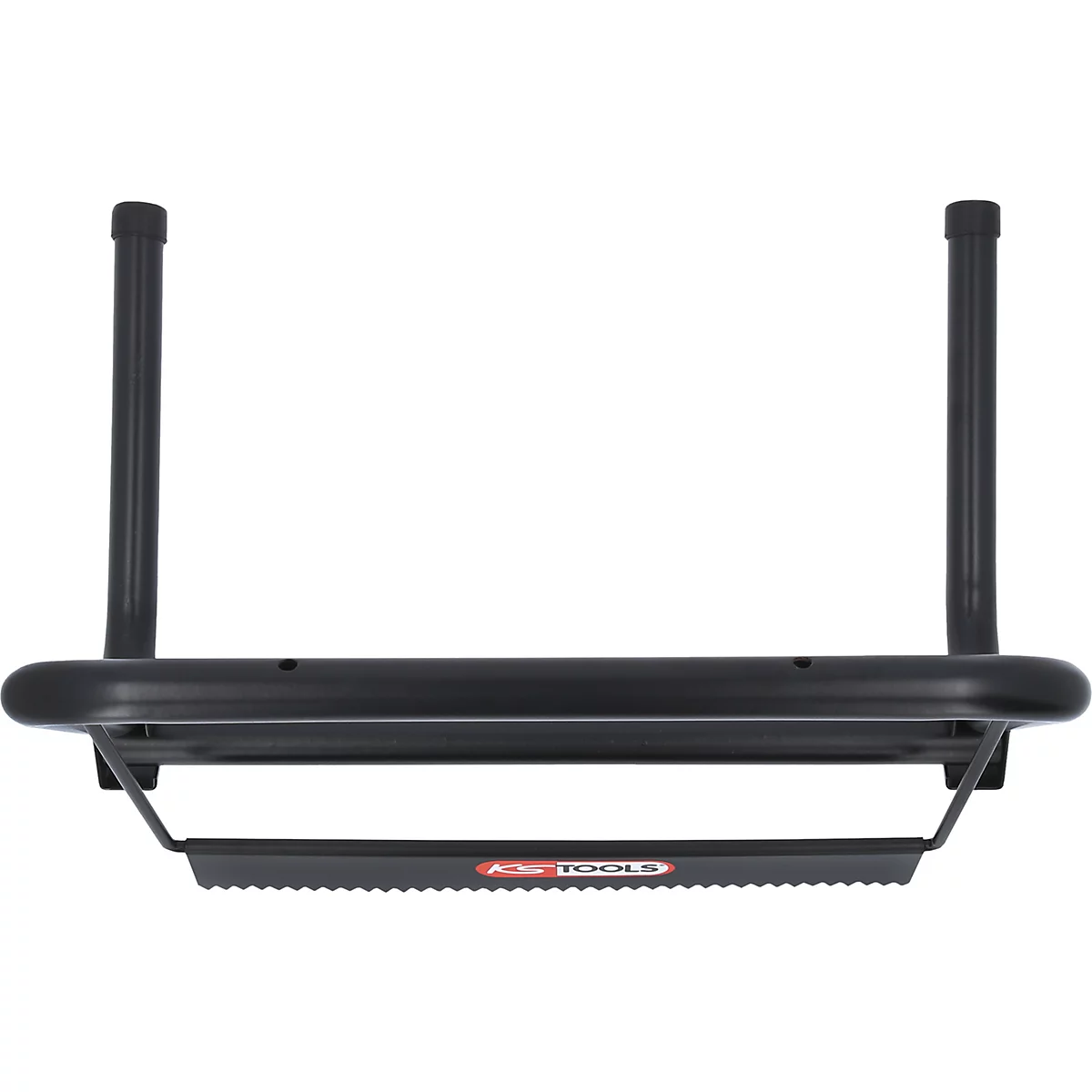 Schwarze Werkzeugablage mit zwei Halterungen und einer geriffelten Ablage. Das Logo "KS TOOLS" ist sichtbar.