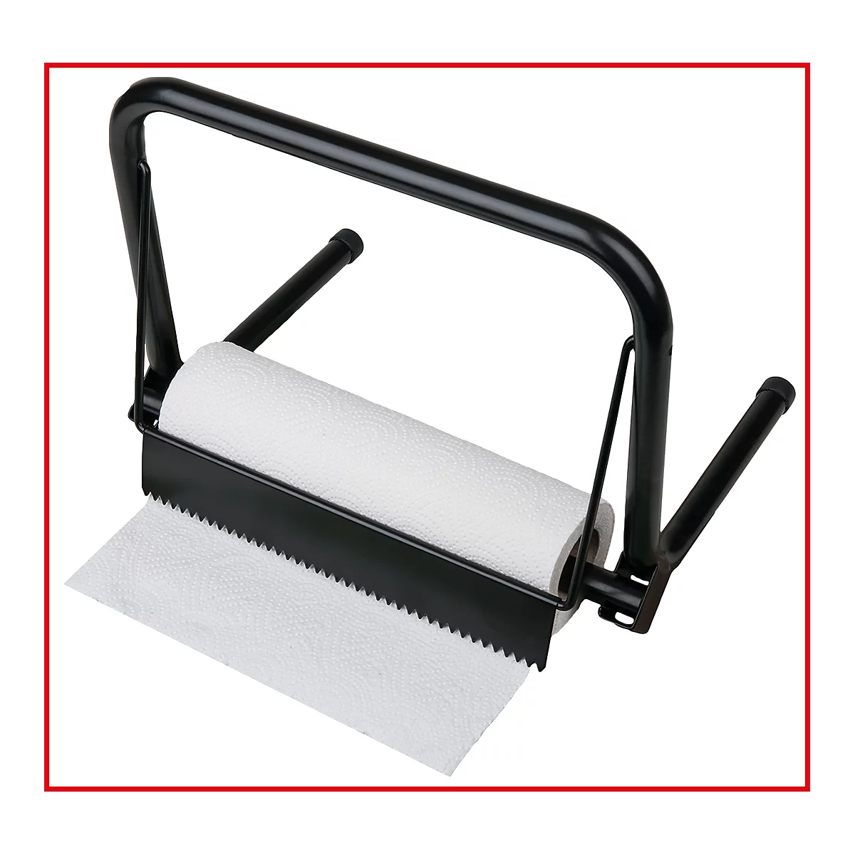 Schwarzer Papierhandtuchhalter mit Rolle und abgerissenem Handtuch.