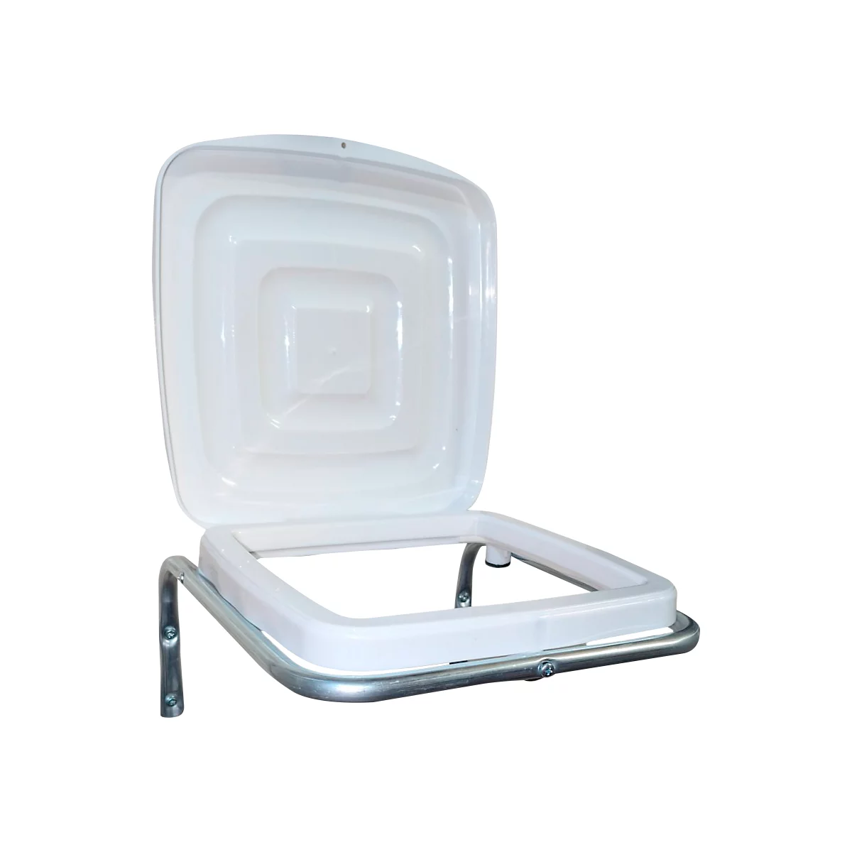 Klappbarer, weißer Toilettensitz mit eckiger Form, auf einem Gestell aus gebogenem, silberfarbenem Metall.