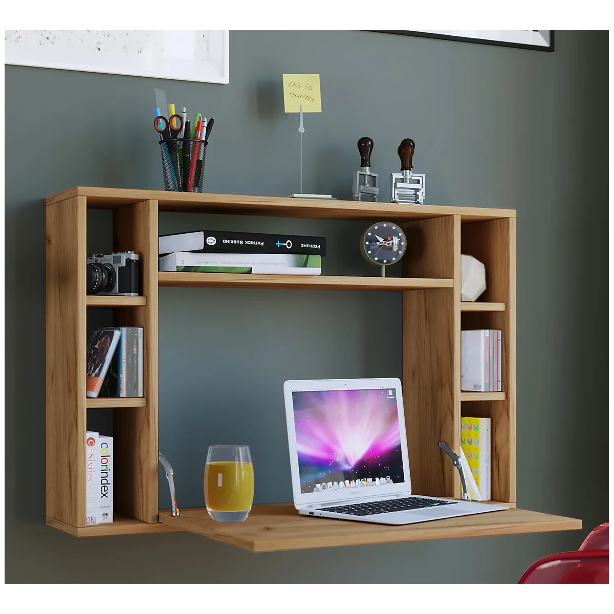 Wandila bureau, ideaal voor thuiskantoor, uitklapbaar tafelblad &amp; 7 vakken, B 900 x D 200/670 x H 600 mm, hout, honing eik