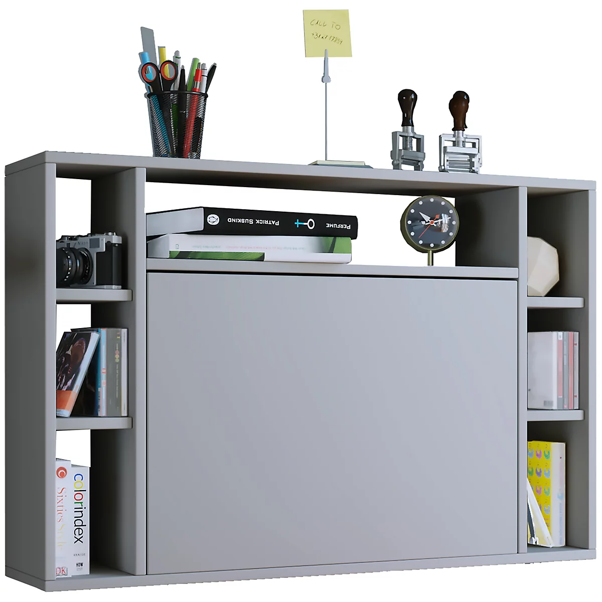 Wandila wandbureau, ideaal voor thuiskantoor, uitklapbaar tafelblad &amp; 7 vakken, B 900 x D 200/670 x H 600 mm, hout, grijs