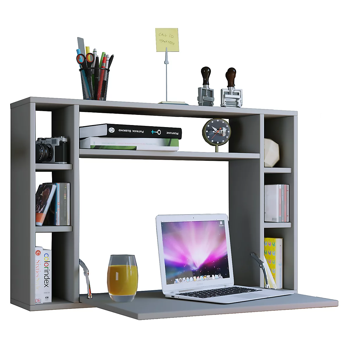 Wandila wandbureau, ideaal voor thuiskantoor, uitklapbaar tafelblad &amp; 7 vakken, B 900 x D 200/670 x H 600 mm, hout, grijs