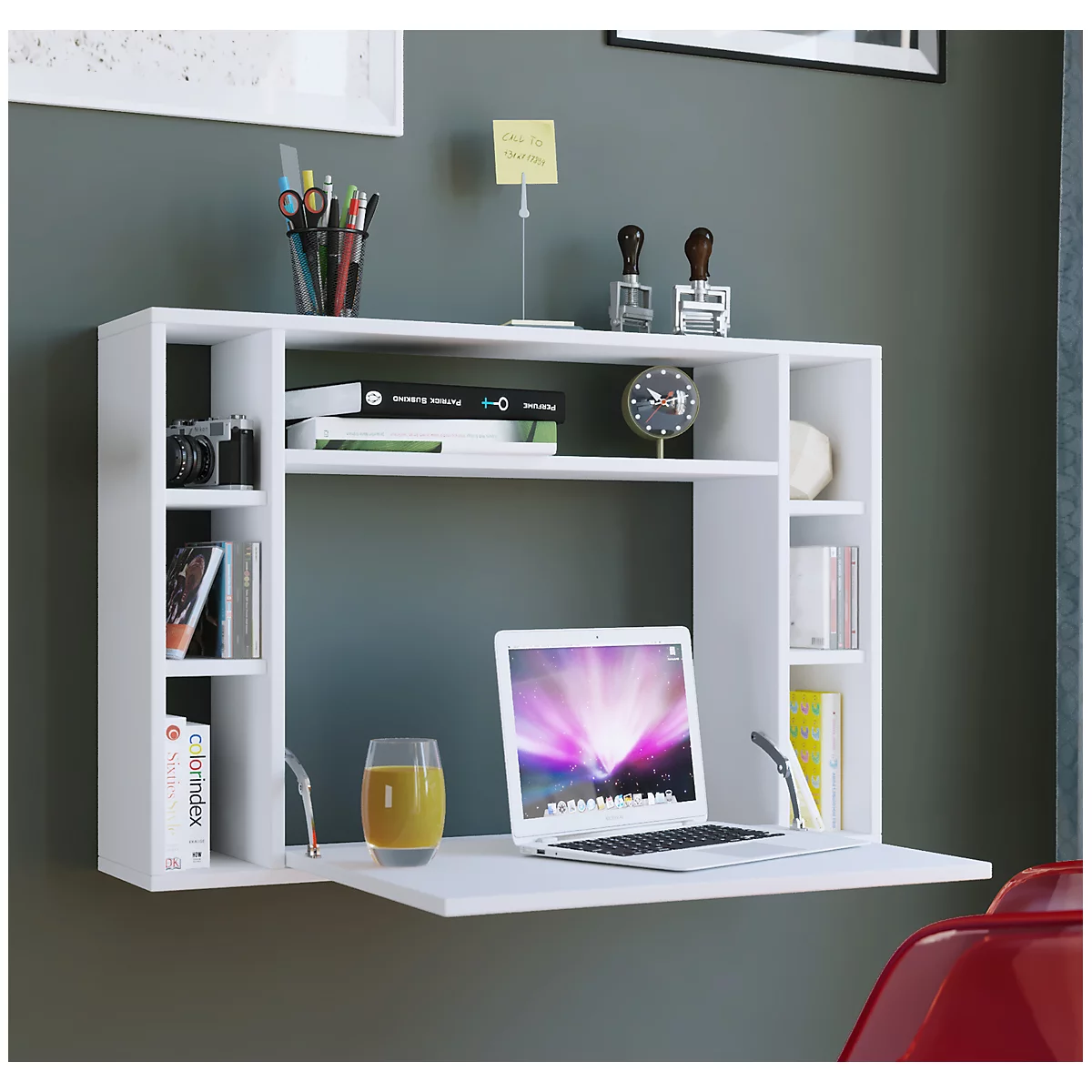 Wandila wandbureau, ideaal voor thuiskantoor, uitklapbaar tafelblad &amp; 7 vakken, B 900 x D 200/670 x H 600 mm, hout, wit