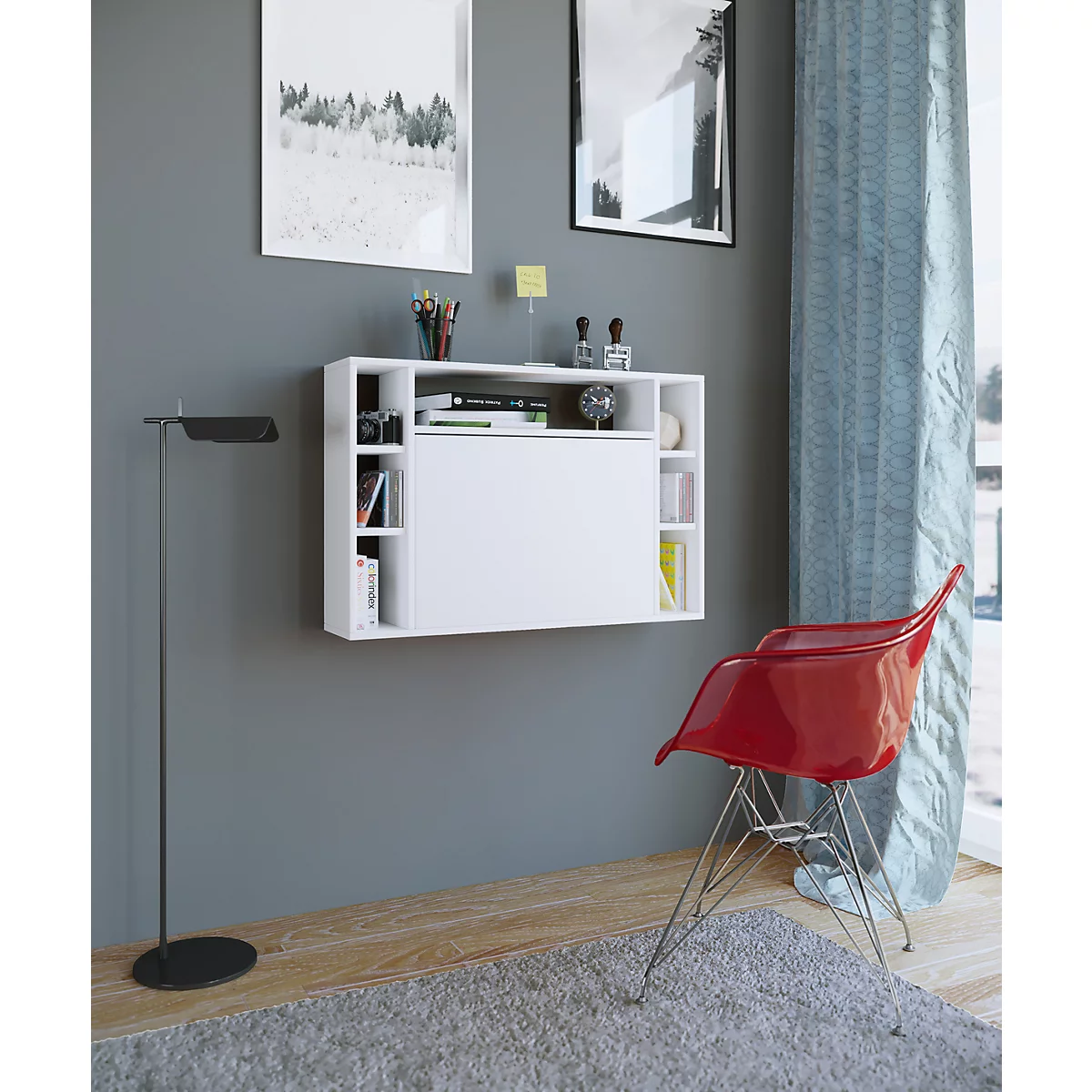 Wandila wandbureau, ideaal voor thuiskantoor, uitklapbaar tafelblad &amp; 7 vakken, B 900 x D 200/670 x H 600 mm, hout, wit