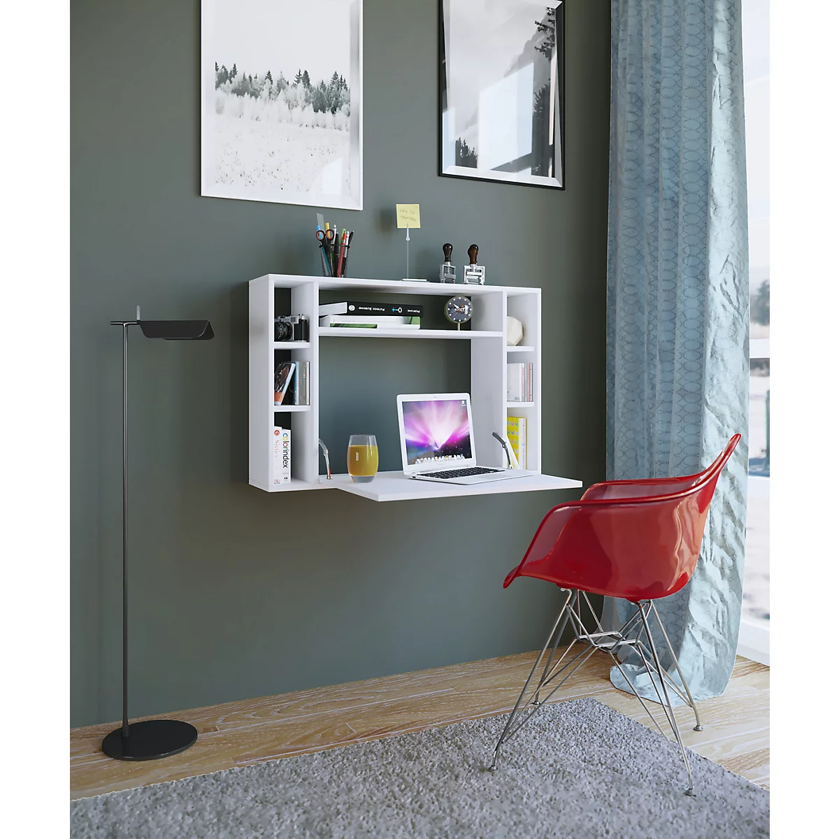 Wandila wandbureau, ideaal voor thuiskantoor, uitklapbaar tafelblad &amp; 7 vakken, B 900 x D 200/670 x H 600 mm, hout, wit