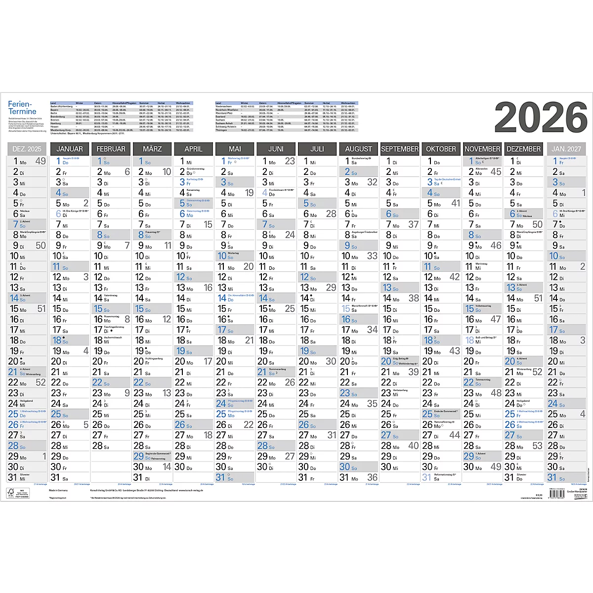 Wandkalender Korsch 2026, 14 Monate, Kalendarium für DE, B 970 x H 670 mm, Papier, weiß